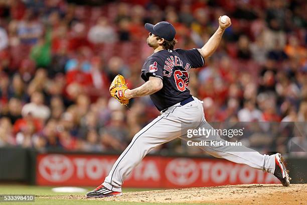Joba Chamberlain of the Cleveland Indians throws a pitch during the game against the Cincinnati Reds at Great American Ball Park on May 18, 2016 in...