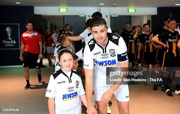 Joel Edwards of Hereford prepares to walk out ahead of the The FA Vase Final match between Hereford FC and Morpeth Town AFC at Wembley Stadium on May...