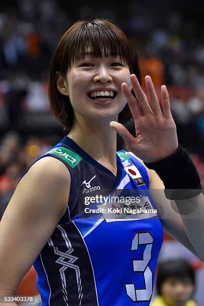 Saori Kimura of Japan waves for fans after winning the Women's World Olympic Qualification game between Netherlands and Japan at Tokyo Metropolitan...