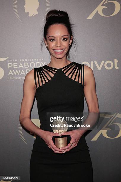 News Reporter Caitlin Dickerson in the press room with a Peabody Award for Secret Mustard Gas Experiments during the 75th Annual Peabody Awards...