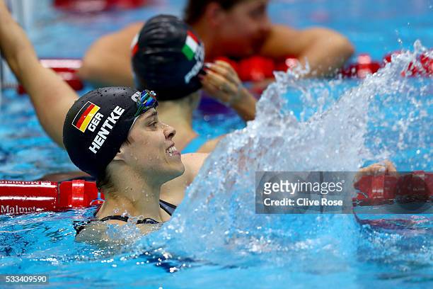 Franziska Hentke of Germany celebrates winning the Women's 200m Butterfly Final on day fourteen of the 33rd LEN European Swimming Championships 2016...
