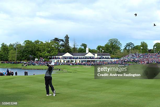Rory McIlroy of Northern Ireland hits his 2nd shot on the 18th hole during the final round of the Dubai Duty Free Irish Open Hosted by the Rory...