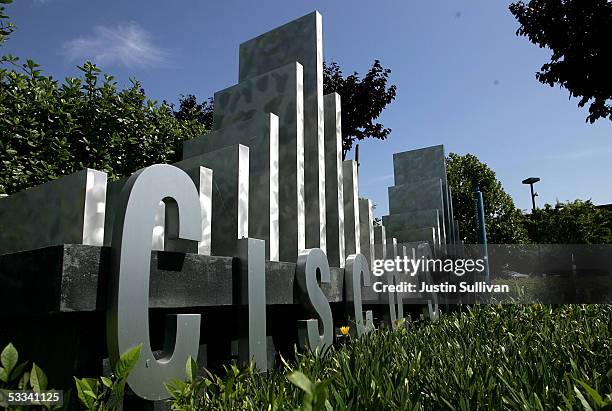 The Cisco Systems logo is seen in front of the company's headquarters August 8, 2005 in San Jose, California. Corp. Shares of Finnish mobile phone...