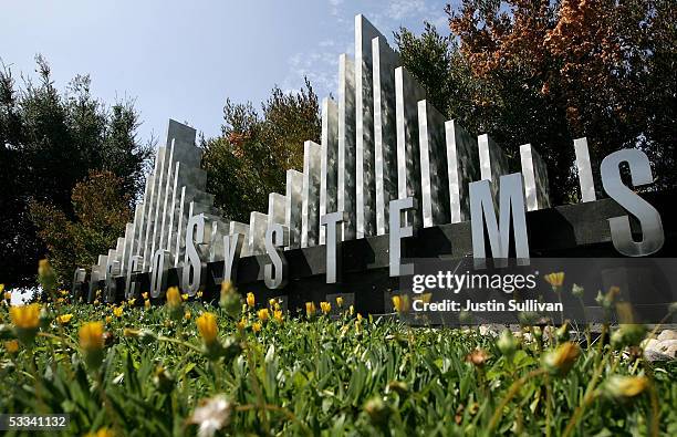 The Cisco Systems logo is seen in front of the company's headquarters August 8, 2005 in San Jose, California. Corp. Shares of Finnish mobile phone...