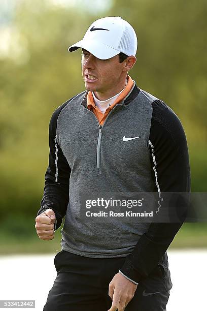 Rory McIlroy of Northern Ireland celebrates on the 18th green following his victory during the final round of the Dubai Duty Free Irish Open Hosted...