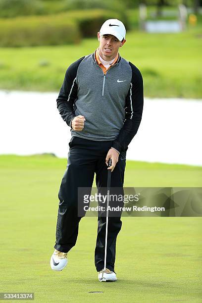 Rory McIlroy of Northern Ireland celebrates on the 18th green following his victory during the final round of the Dubai Duty Free Irish Open Hosted...