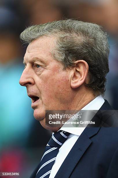 Roy Hodgson, manager of England sings the national anthem before the International Friendly match between England and Turkey at Etihad Stadium on May...