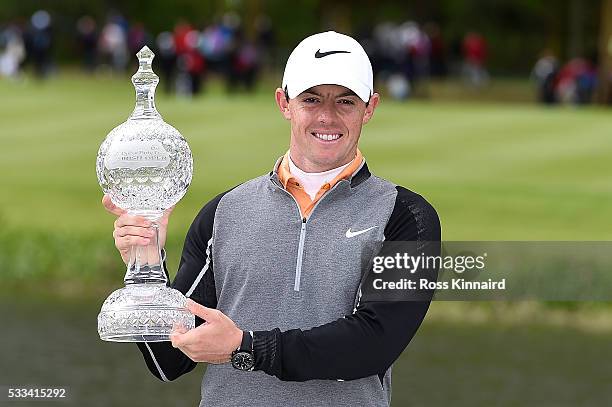 Rory McIlroy of Northern Ireland poses with the trophy following his 3 shot victory during the final round of the Dubai Duty Free Irish Open Hosted...