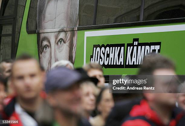 German Foreign Minister Joschka Fischer`s election bus seen on his first day in Hildesheim during the election campaign of the Green Ecologist Party...