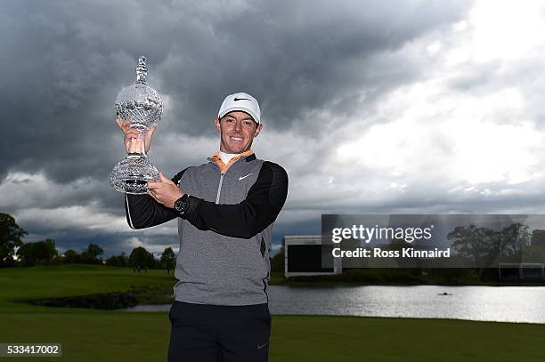 Rory McIlroy of Northern Ireland poses with the trophy following his 3 shot victory during the final round of the Dubai Duty Free Irish Open Hosted...