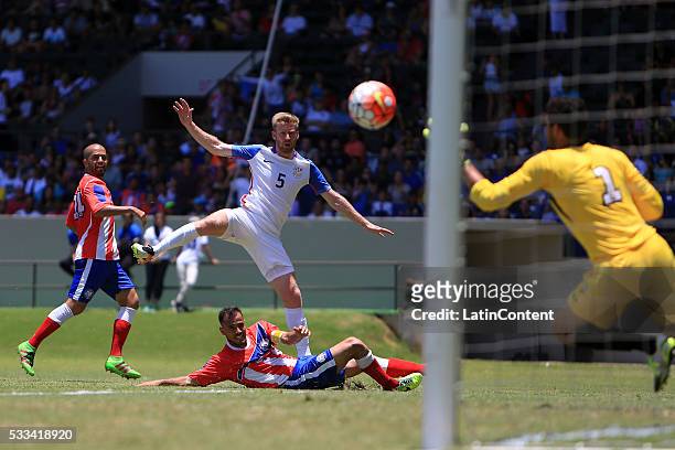 Tim Ream of USA shoots to score the openning goal during an international friendly match between Puerto Rico and USA at Juan Ramon Loubriel Stadium...