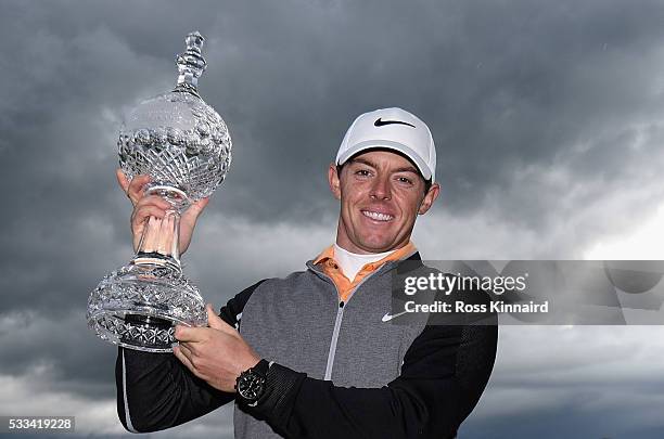 Rory McIlroy of Northern Ireland with the winners trophy the final round of The Dubai Duty Free Irish Open hosted by the Rory Foundation at the K...