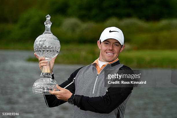 Rory McIlroy of Northern Ireland with the winners trophy the final round of The Dubai Duty Free Irish Open hosted by the Rory Foundation at the K...