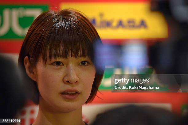 Saori Kimura of Japan talks to the media in the mixed zone after winning the Women's World Olympic Qualification game between Netherlands and Japan...