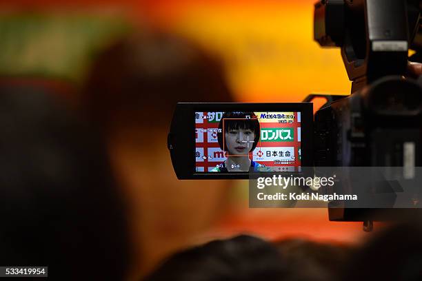 Saori Kimura of Japan talks to the media in the mixed zone after winning the Women's World Olympic Qualification game between Netherlands and Japan...