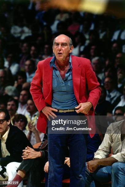 Head Coach Jack Ramsay of the Philadelphia 76ers watches action from courtside during an NBA game circa 1980 at the Spectrum in Philadelphia,...