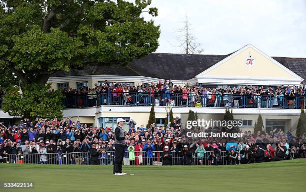 Rory McIlroy of Northern Ireland celebrates on the 18th green following his victory during the final round of the Dubai Duty Free Irish Open Hosted...