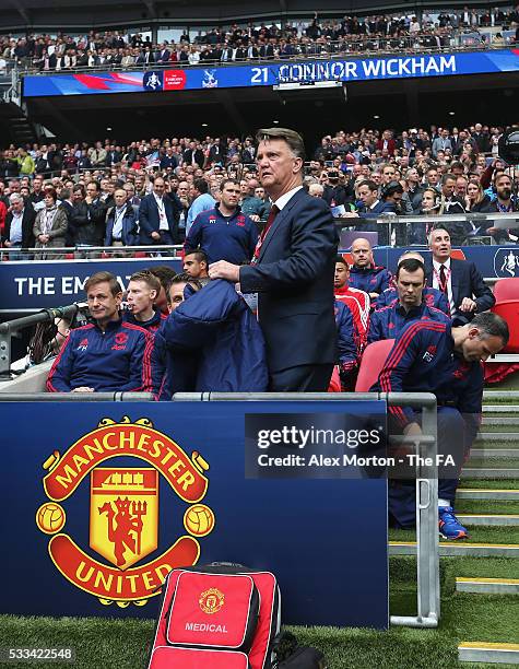 Louis van Gaal, manager of Manchester United looks on during the Emirates FA Cup Final match between Manchester United and Crystal Palace at Wembley...