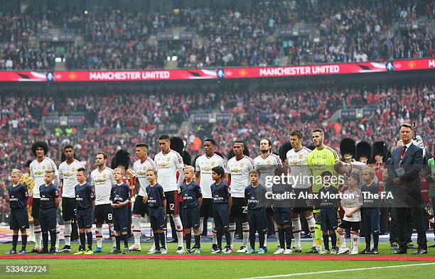 Manchester United players line up with manager Louis van Gaal prior to the Emirates FA Cup Final match between Manchester United and Crystal Palace...