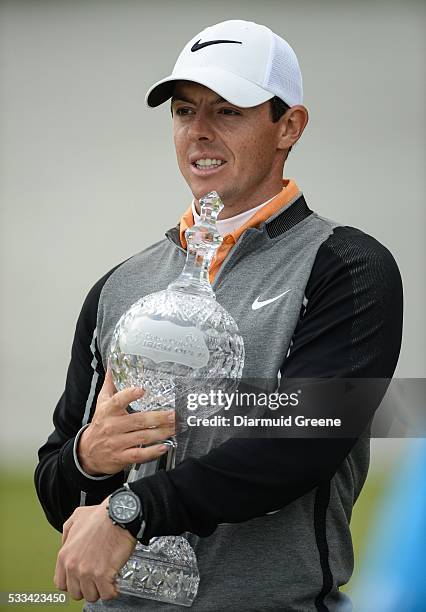 Kildare , Ireland - 22 May 2016; Rory McIlroy of Northern Ireland with his trophy after winning the Dubai Duty Free Irish Open Golf Championship at...