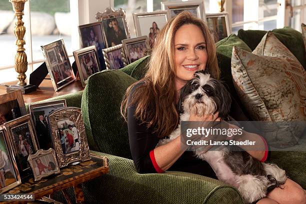 Catherine Bach at home in Encino, CA with her shih tzu Dolce.