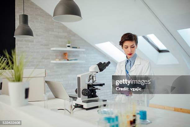 female researcher working in her lab. - physicist stock pictures, royalty-free photos & images