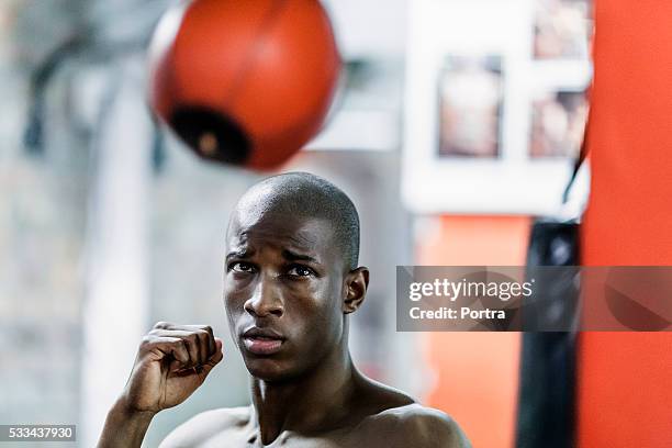 boxer training with speed bag in gym - boxing speed bag stock pictures, royalty-free photos & images