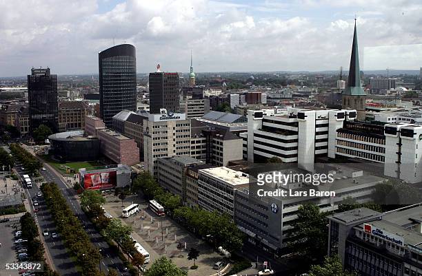 General view of city center with the new RWE-Tower on August 08, 2005 in Dortmund, Germany. Dortmund is one of the host cities that will be used to...