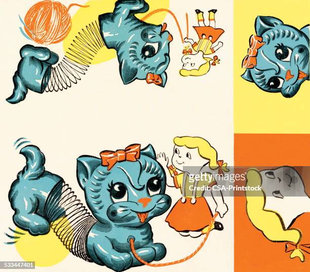 kitten and girl pattern - slinky stock illustrations