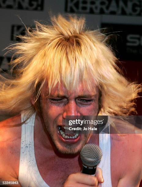 Donnie Tourette of group Towers of London performs at the Kerrang! Day Of Rock at the Virgin Megastore, Oxford Street on August 9, 2005 in London,...