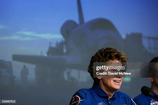 Space shuttle Discovery Commander Col. Eileen Collins attends a press conference with some of the other crew after landing on August 9, 2005 at...