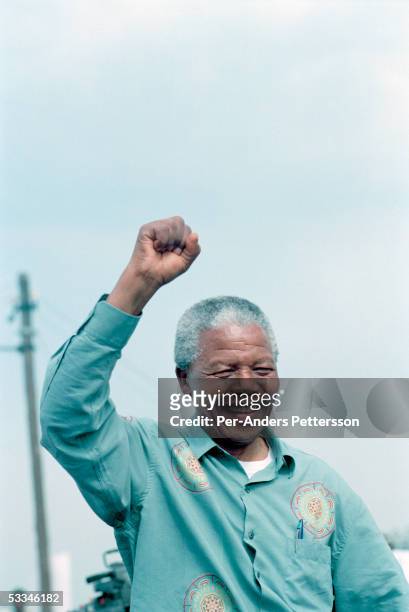 Nelson Mandela acknowledges a crowd of ANC supporters April 21, 1994 in Durban, South Africa. The pre-election rally is just days before the historic...