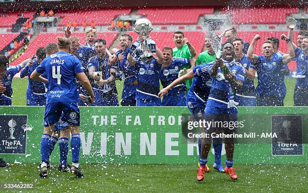 Halifax Town celebrate with the trophy after The FA Trophy Final match between Grimsby Town and Halifax Town at Wembley Stadium on May 22, 2016 in...