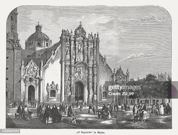el "sagrario", mexico city metropolitan cathedral, wood engraving, published 1872 - panama city stock illustrations