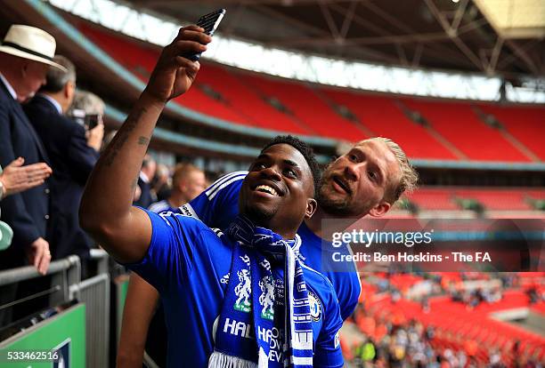 Shaquille McDonald and Kingsley James of Halifax take a selfie following The FA Trophy Final between Grimsby Town FC and FC Halifax Town at Wembley...