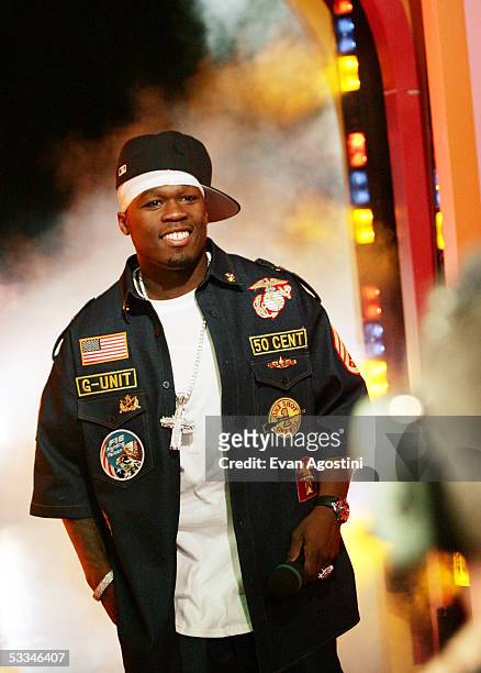 Hip-hop artist 50 Cent appears on MTV's Total Request Live at MTV Studios August 9, 2005 in New York City.