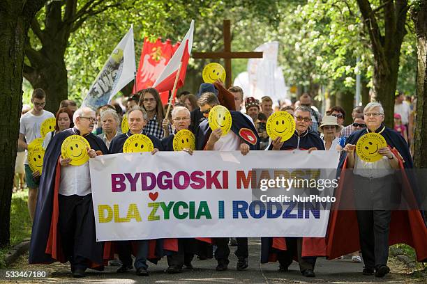 Anti-abortion supporters hold a banner during a rally held on 22 May 2016 in Bydgoszcz, Poland, organised by the local church in support of a recent...