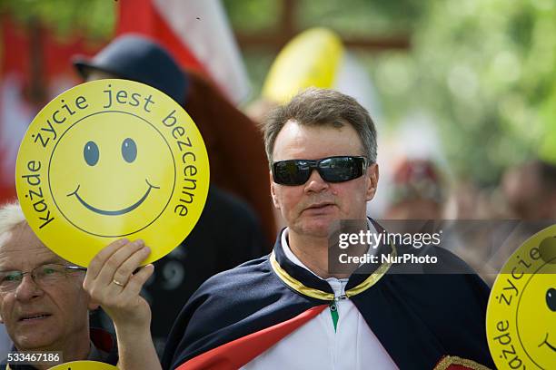 An anti-abortion supporter during a rally held on 22 May 2016 in Bydgoszcz, Poland organised by the local church in support of a recent government...