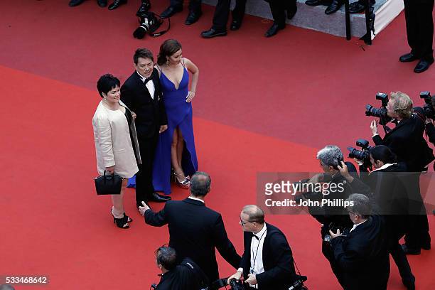 Actress Jaclyn Jose, director Brillante Mendoza and Andi Eigenmann attend the closing ceremony of the 69th annual Cannes Film Festival at the Palais...