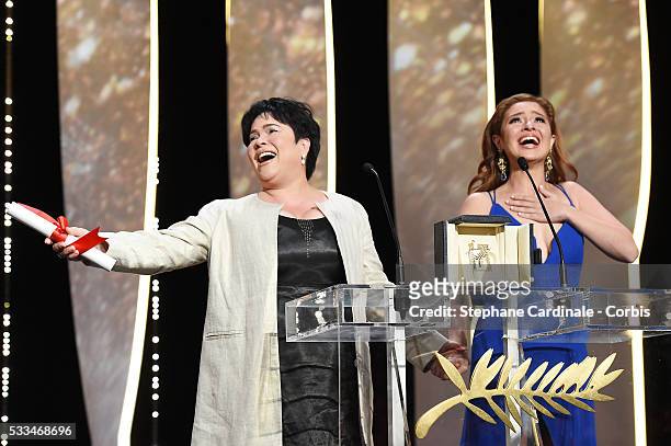 Jaclyn Jose reacts on stage with her daughter Andi Eigenmann after being awarded the Best Actress prize for the movie MaRosa during the closing...