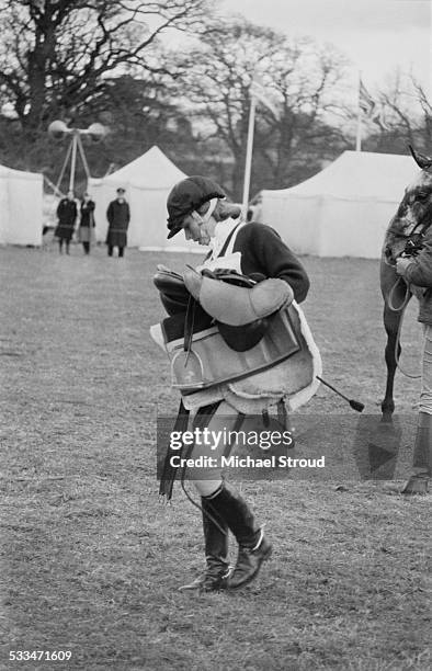 Anne, Princess Royal weighing in after an intermediate class at the Downland Horse Trials, 29th March 1972.