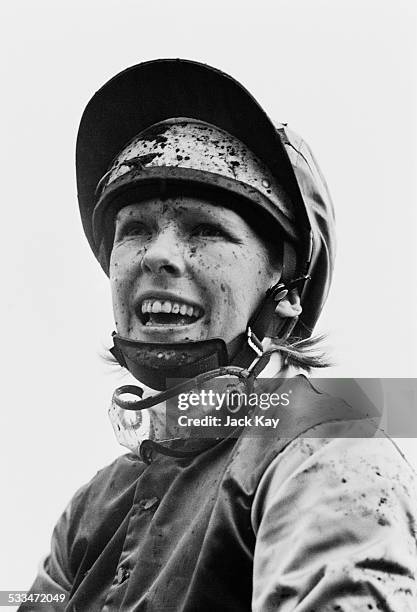 Meriel Patricia Tufnell after racing to victory on her mother's horse 'Scorched Earth' at the Goya Stakes ladies race at Kempton Park, Surrey, 6th...