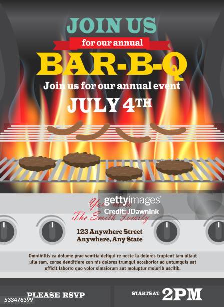 backyard bbq with open lid and flames invitation design template - smoked stock illustrations