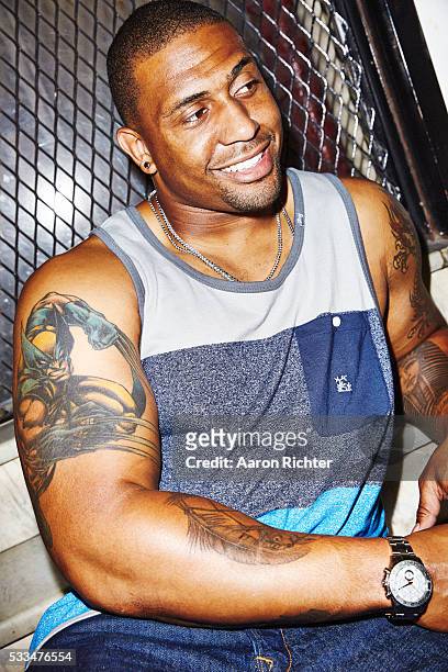 Football player LaMarr Woodley is photographed for Inked Magazine in 2014 in New York City.