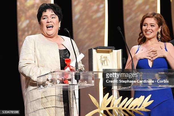 Jaclyn Jose reacts on stage with her daughter Andi Eigenmann after being awarded the Best Actress prize for the movie MaRosa during the closing...