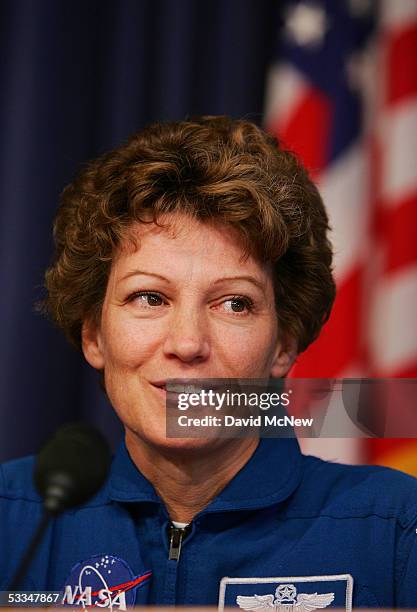 Space shuttle Discovery Commander Col. Eileen Collins speaks a press conference after landing on August 9, 2005 at Edwards Air Force Base,...