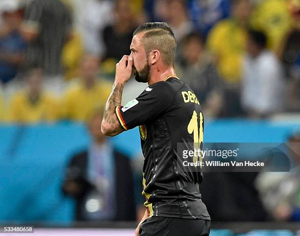 Steven Defour of Belgium sent of the pitch during a FIFA 2014 World Cup Group H match Korea Republic v. Belgium at the Arena de Sao Paulo stadium in...