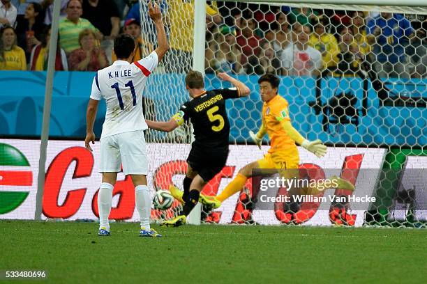 Jan Vertonghen of Belgium scores during a FIFA 2014 World Cup Group H match Korea Republic v. Belgium at the Arena de Sao Paulo stadium in Sao Paulo,...
