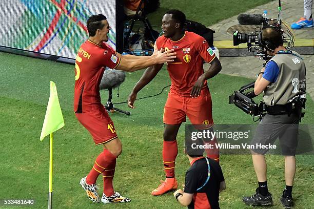 Romelu Lukaku of Belgium celebrates scoring a goal with teammates during a FIFA 2014 World Cup Round of 16 match between Belgium and USA at the Arena...