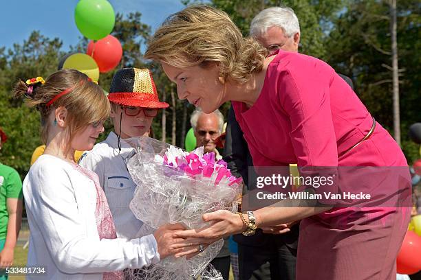 Queen Mathilde pictured during her visit to "Huis aan Zee" on July 3, 2014 in De Haan, Belgium. Queen Mathilde paid a visit to this center made to...